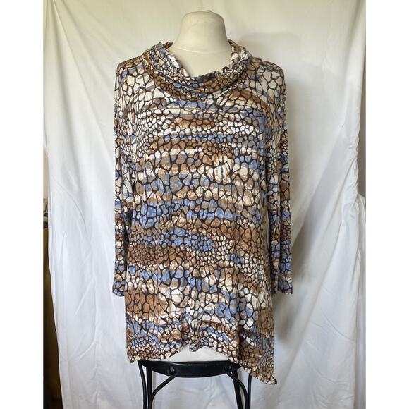 Abstract Animal Print Cowl Neck Tunic Top Sharkbite Hem 3/4 Sleeve Slinky Boho L - Picture 1 of 12